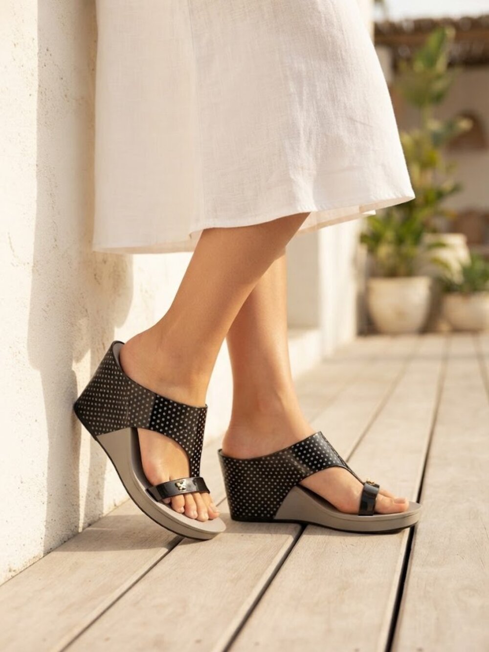 ZAXY Grey Black Glamour Polka Dots Design Wedge Women's Slip-On Sandals - Size 6